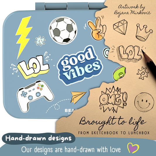 Lunch box with compartments, lightweight & leakproof – blue stickers