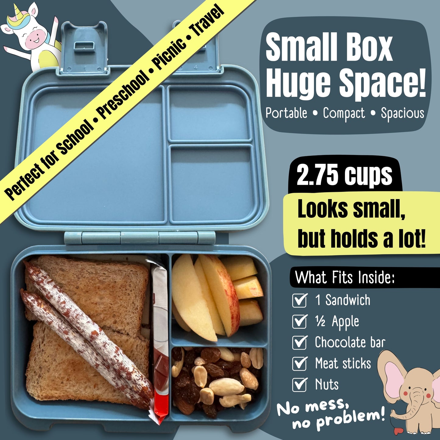 Lunch box with compartments, lightweight & leakproof – blue stickers