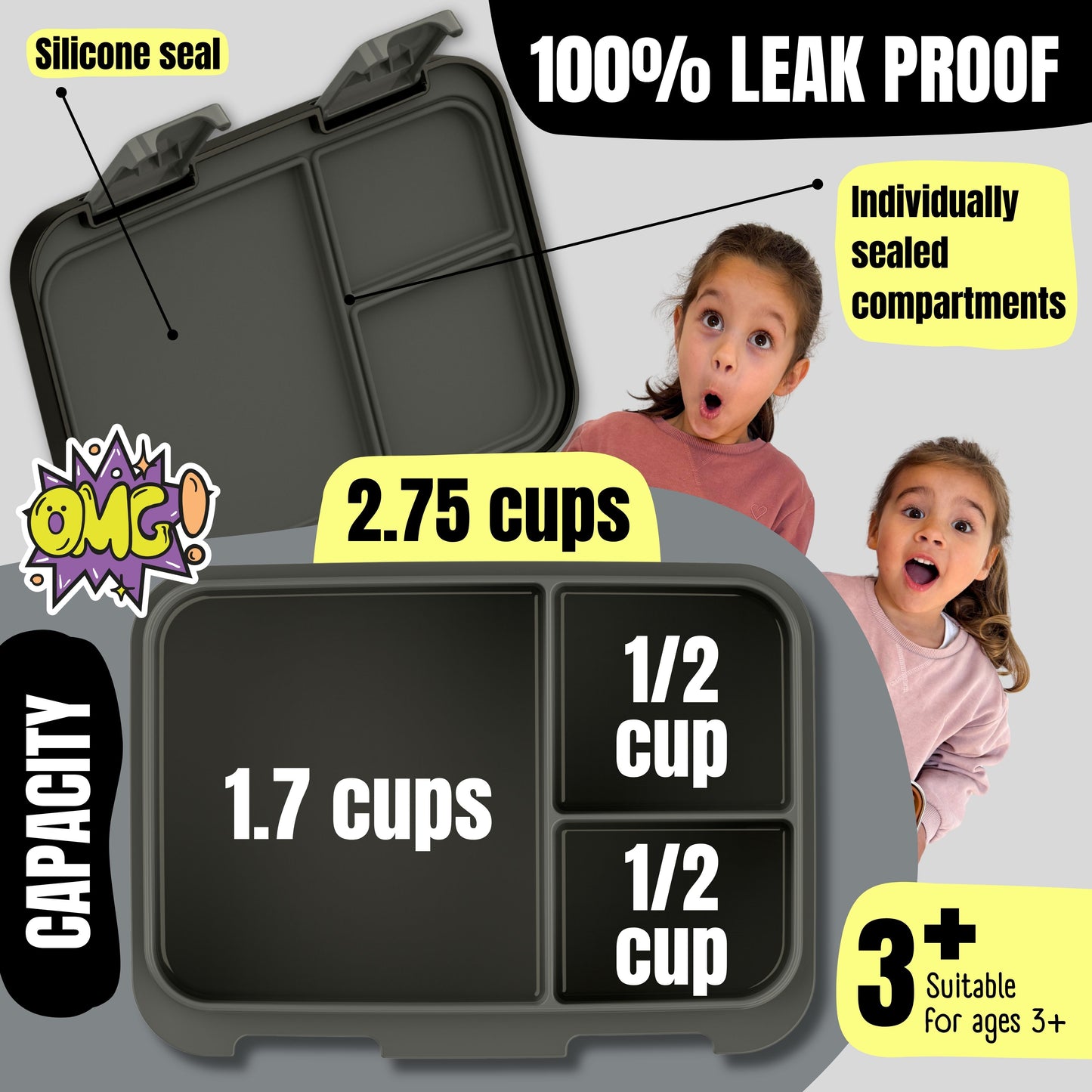Lunch box with compartments, lightweight & leakproof – Black Stickers
