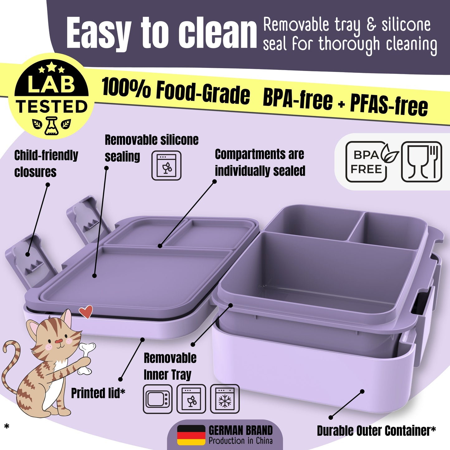 Lunch box with compartments, lightweight & leakproof – Bubble Tea purple