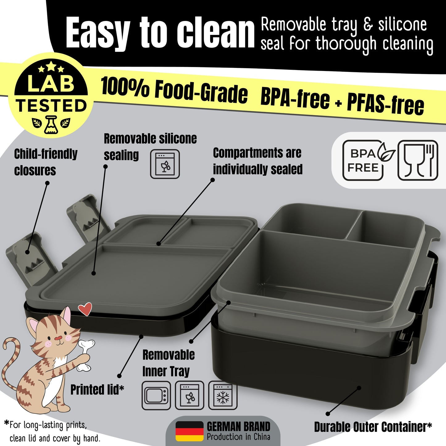 Lunch box with compartments, lightweight & leakproof – Black Stickers