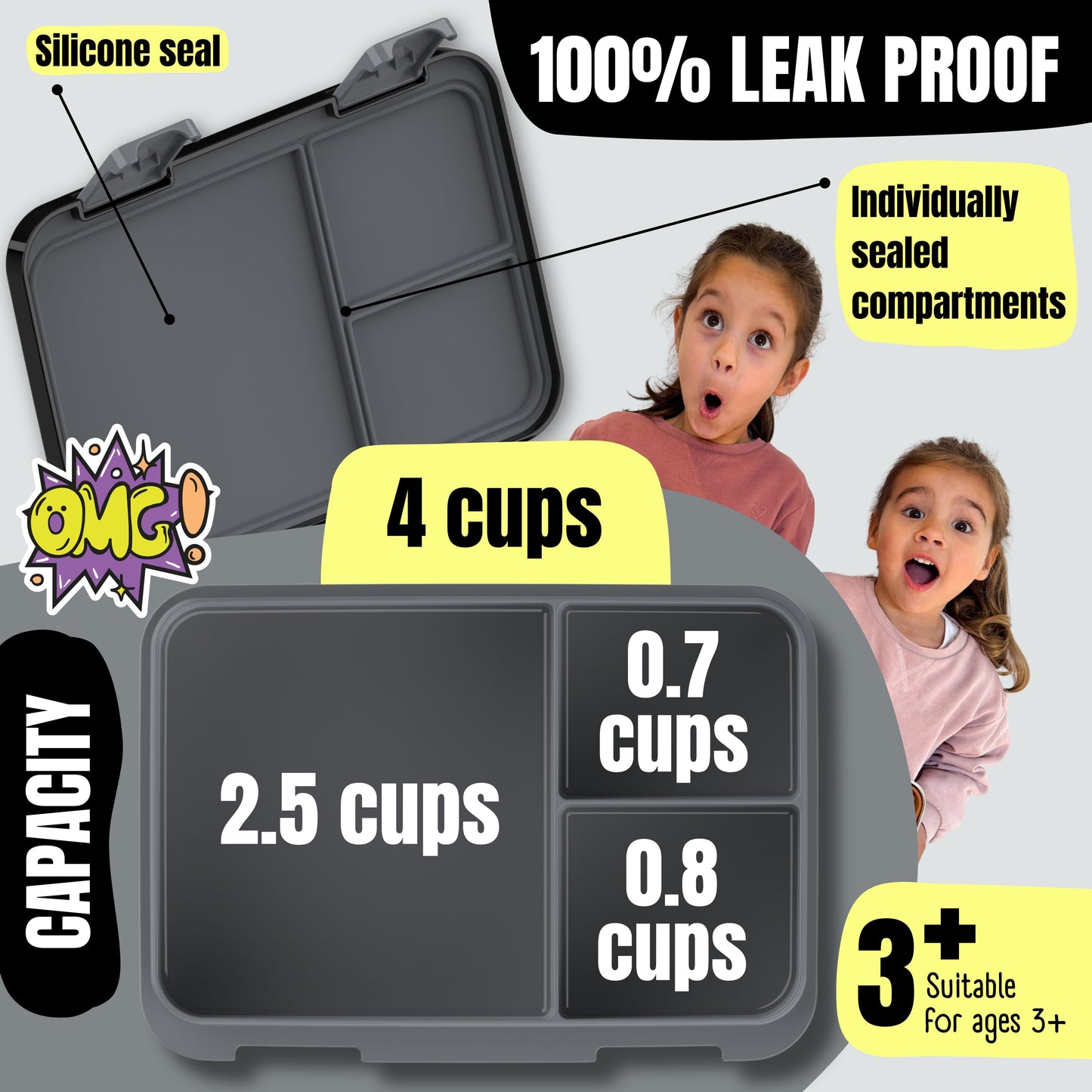 Lunch box with compartments, lightweight & leakproof – Black Dinosaurs