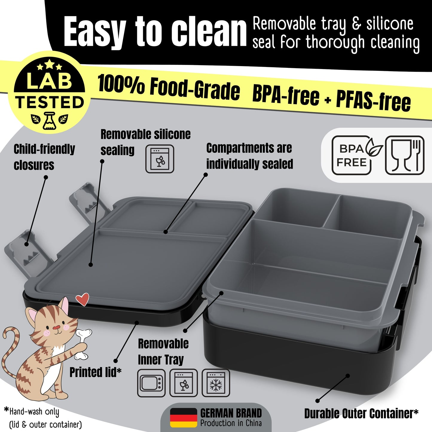 Lunch box with compartments, lightweight & leakproof – Black Stickers