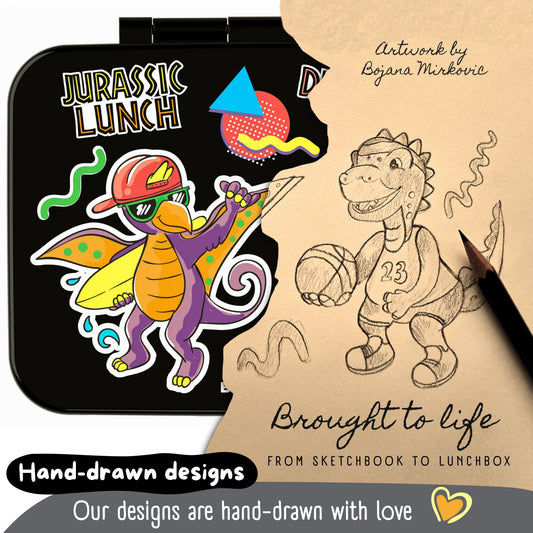 Lunch box with compartments, lightweight & leakproof – Black Dinosaurs