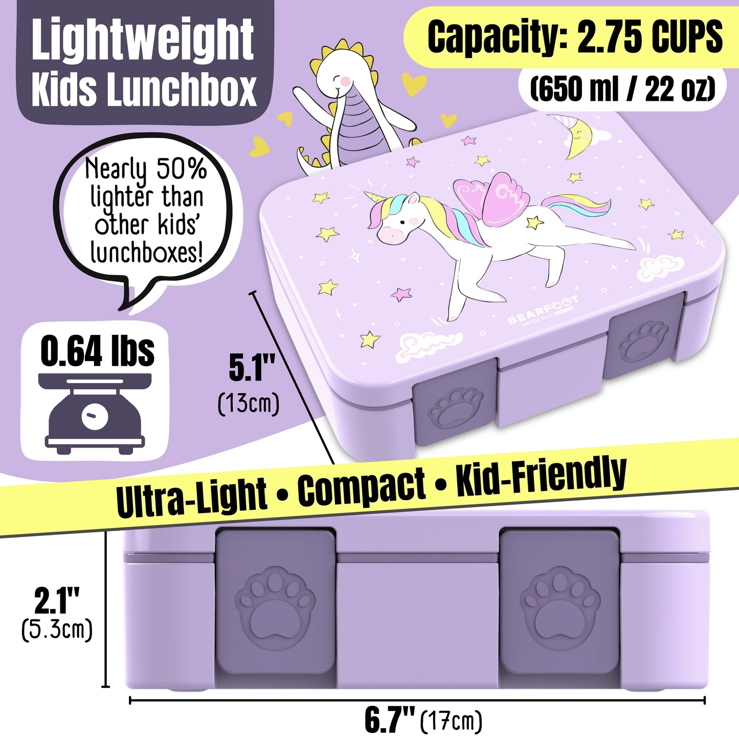 Lunch box with compartments, lightweight & leakproof – Purple Unicorn