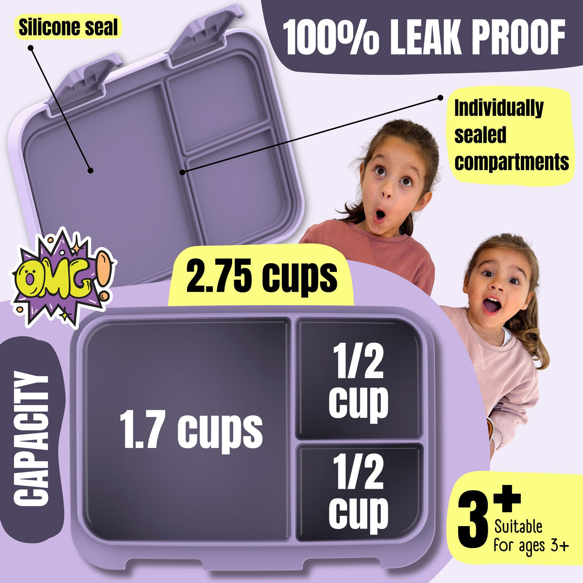 Lunch box with compartments, lightweight & leakproof – purple