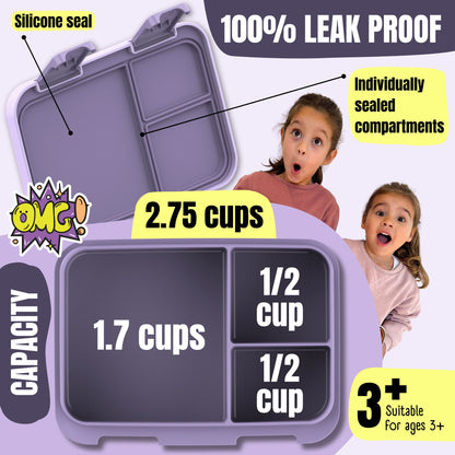 Lunch box with compartments, lightweight & leakproof – purple