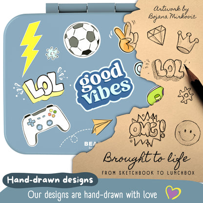 Lunch box with compartments, lightweight & leakproof – blue stickers