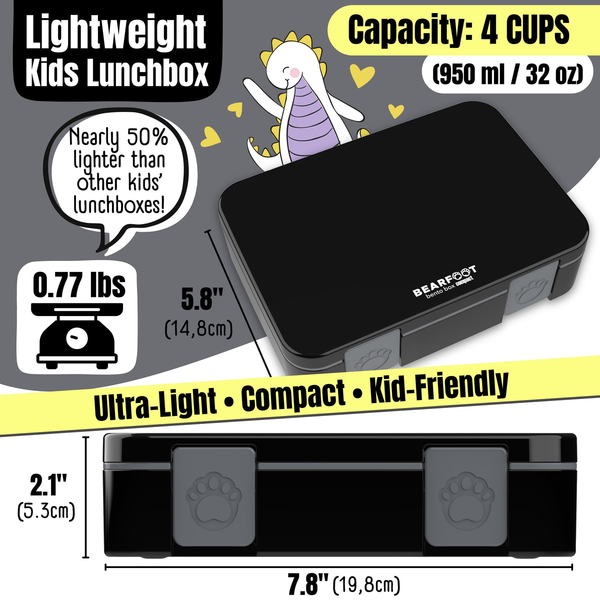 Lunch box with compartments, lightweight & leakproof – Black