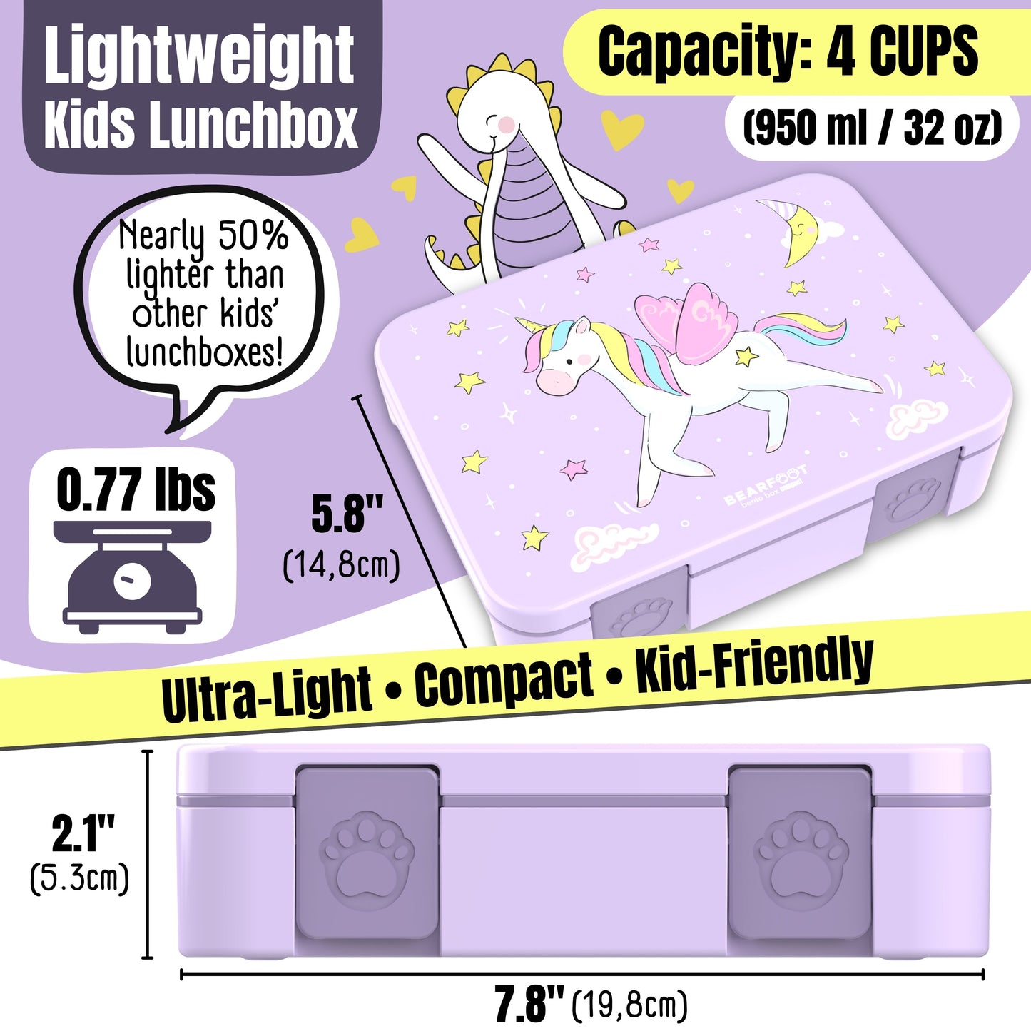 Lunch box with compartments, lightweight & leakproof – Purple Unicorn