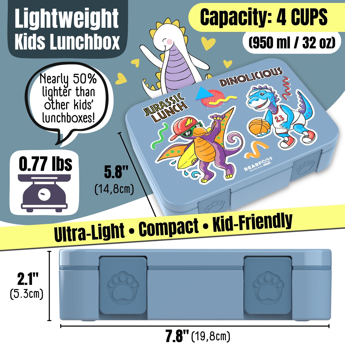Lunch box with compartments, lightweight & leakproof – Blue Dinosaurs