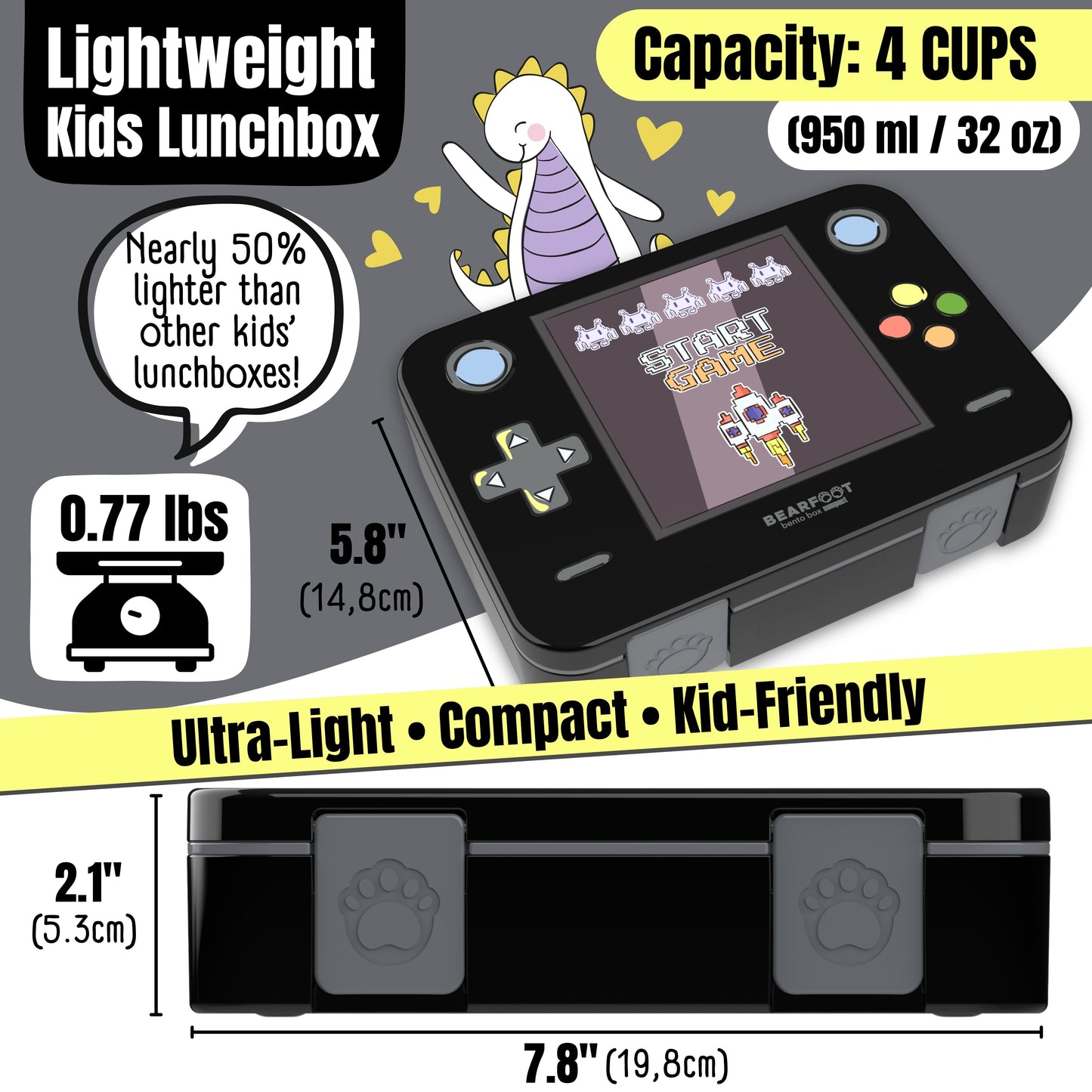 Lunch box with compartments, lightweight & leakproof – Black Gaming