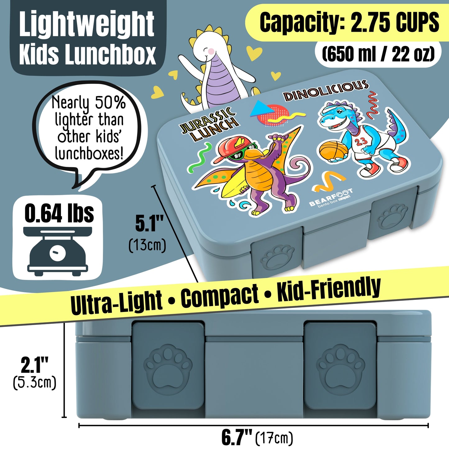 Lunch box with compartments, lightweight & leakproof – Blue Dinosaurs