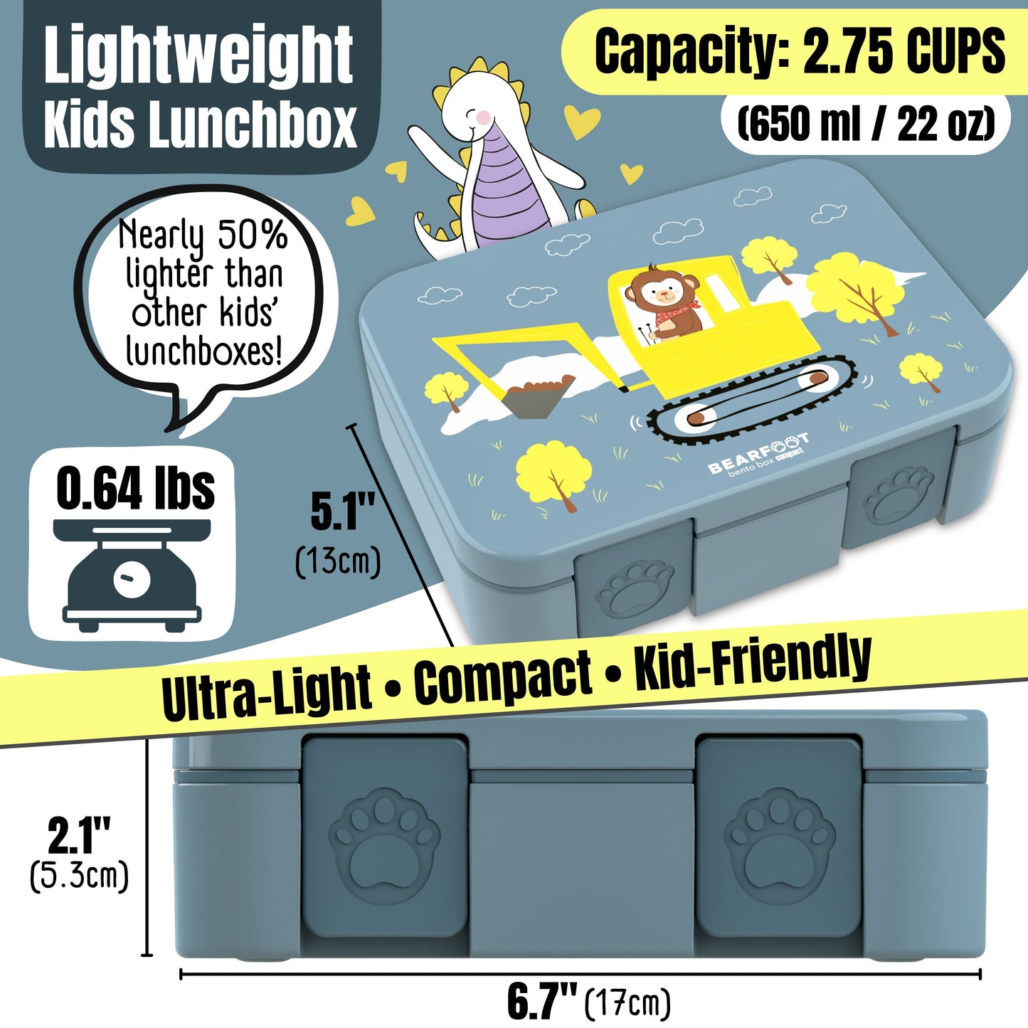Lunch box with compartments, lightweight & leakproof – Blue Excavator