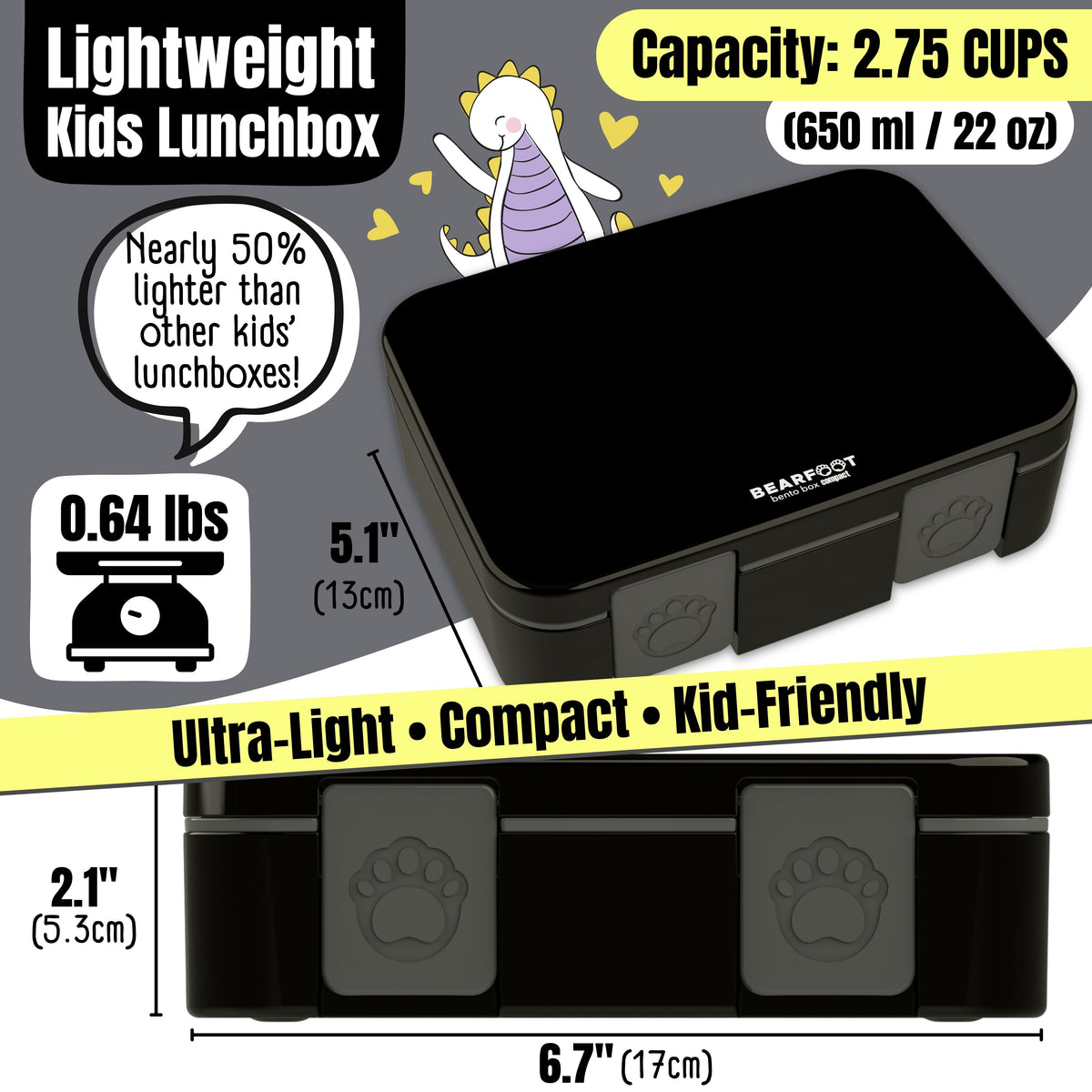Lunch box with compartments, lightweight & leakproof – Black