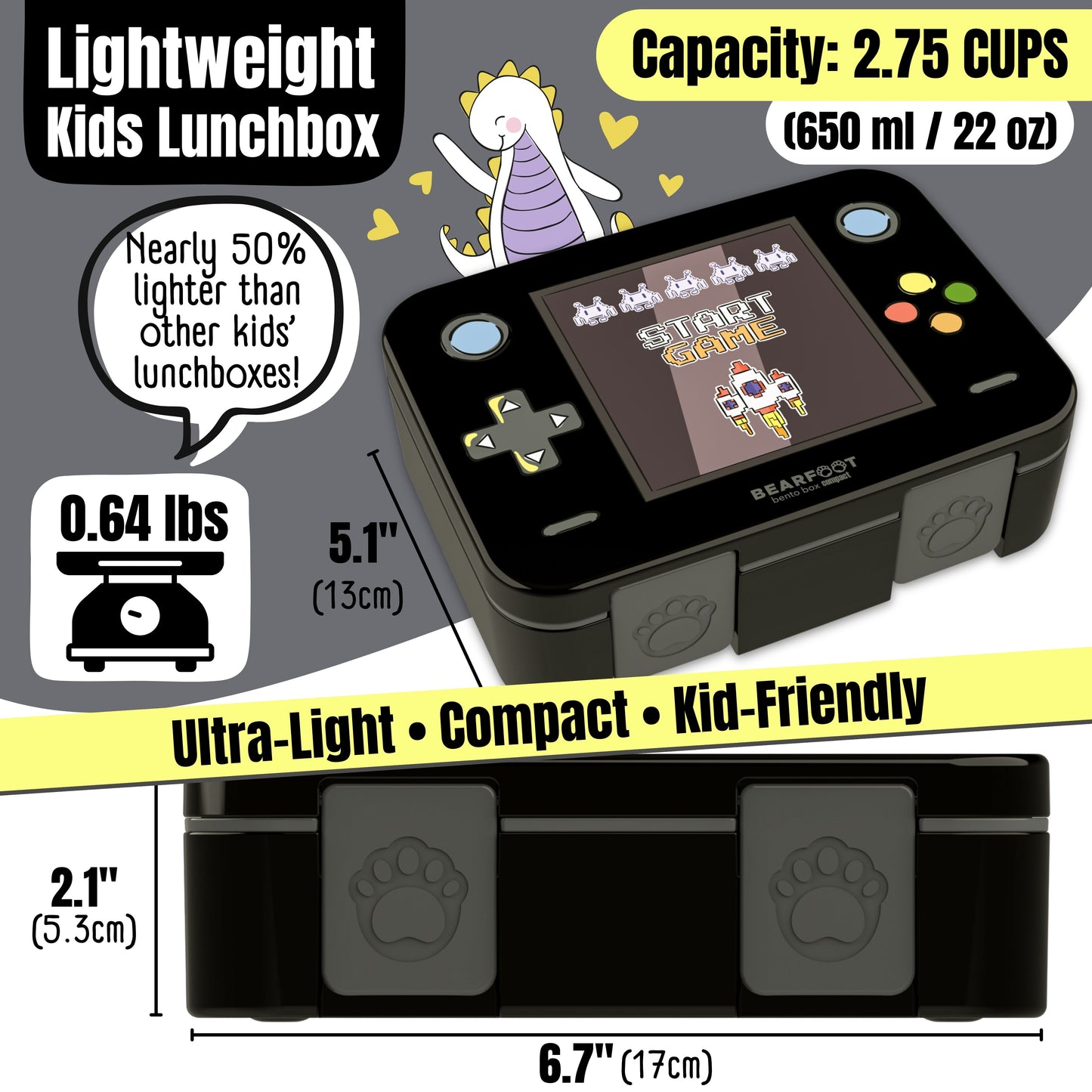 Lunch box with compartments, lightweight & leakproof – Black Gaming