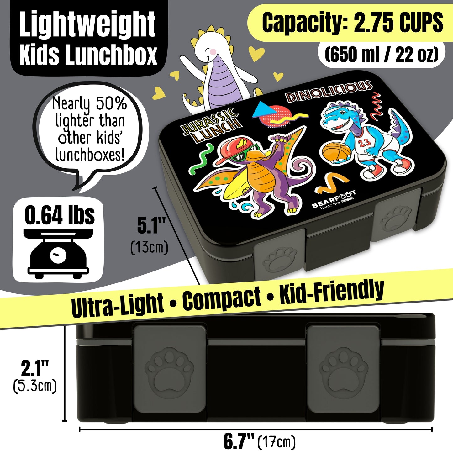Lunch box with compartments, lightweight & leakproof – Black Dinosaurs