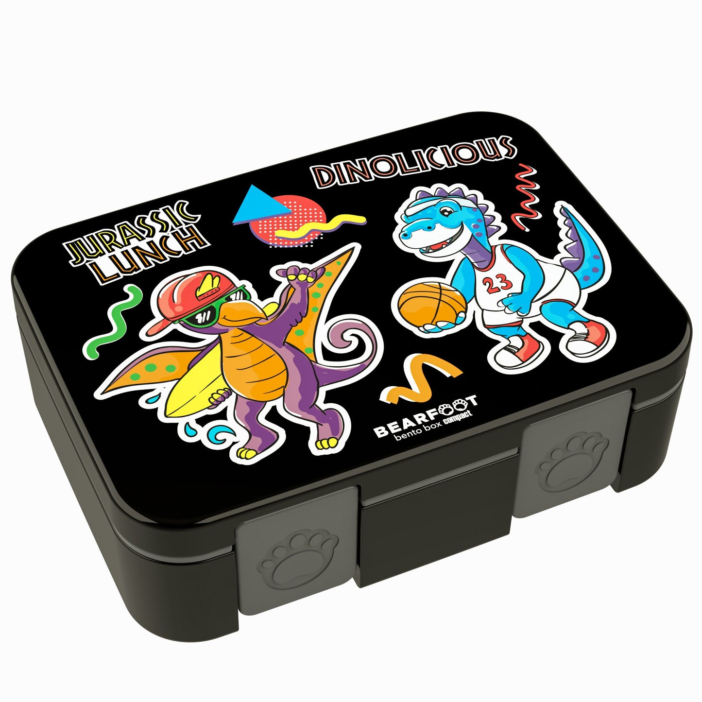 Lunch box with compartments, lightweight & leakproof – Black Dinosaurs